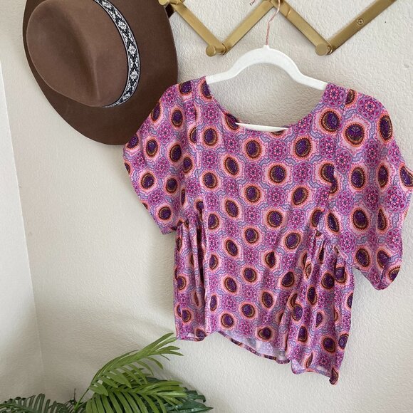 Anthropologie Maeve Bohemian Bright Boxy Oversized Blouse Shirt Top Cropped - Picture 1 of 7